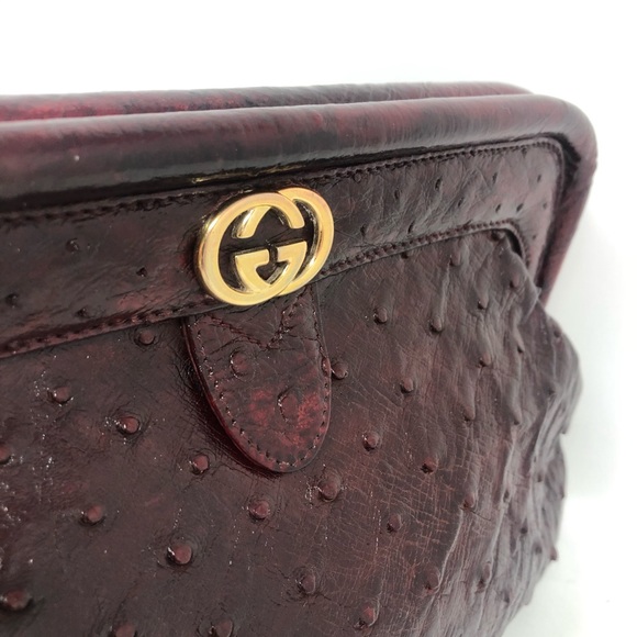 ✨GUCCI✨ OMG!! Exotic Ostrich Clutch w Gold GG Wine - Picture 2 of 8